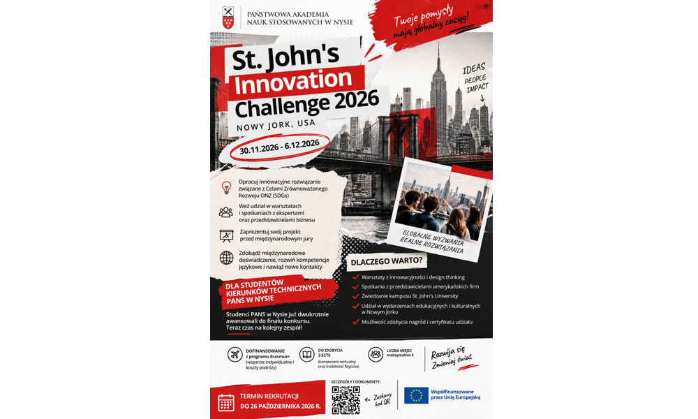 Rekrutacja studentów PANS w Nysie z Wydziału Nauk Technicznych do udziału w St. John’s Innovation Challenge 2026 w Nowym Jorku! Termin rekrutacji: 26.10.2026 r.